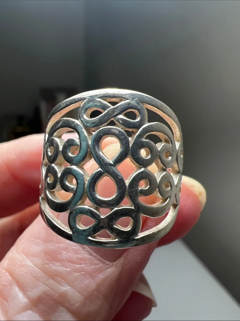 Sparkly Silver Tone Openwork Scroll Wide Band Ring - Vintage
